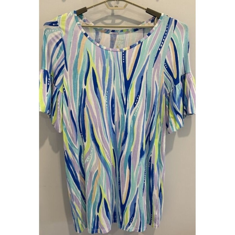 Lilly Pulitzer Dress Puff Sleeve Lindell Shore Perfect Blue Green Stretch XL